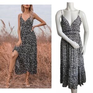 Floral Ditsy Black White Tiered Midi Dress Sleeveless Viscose Rayon Flowy V-neck